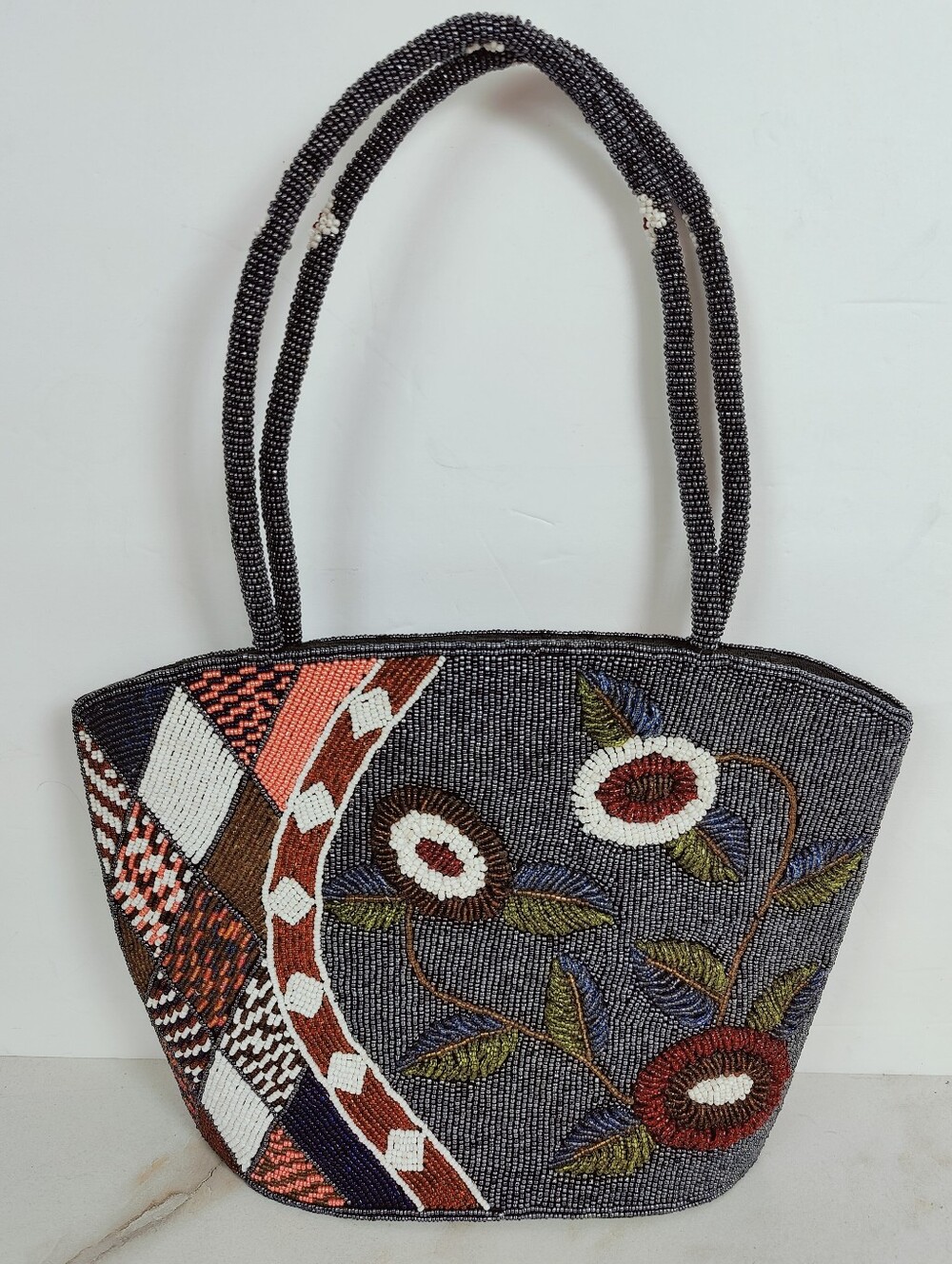 NWOT Kimberly Alan Allover Beaded Tote Handbag Floral Geometric Patchwork